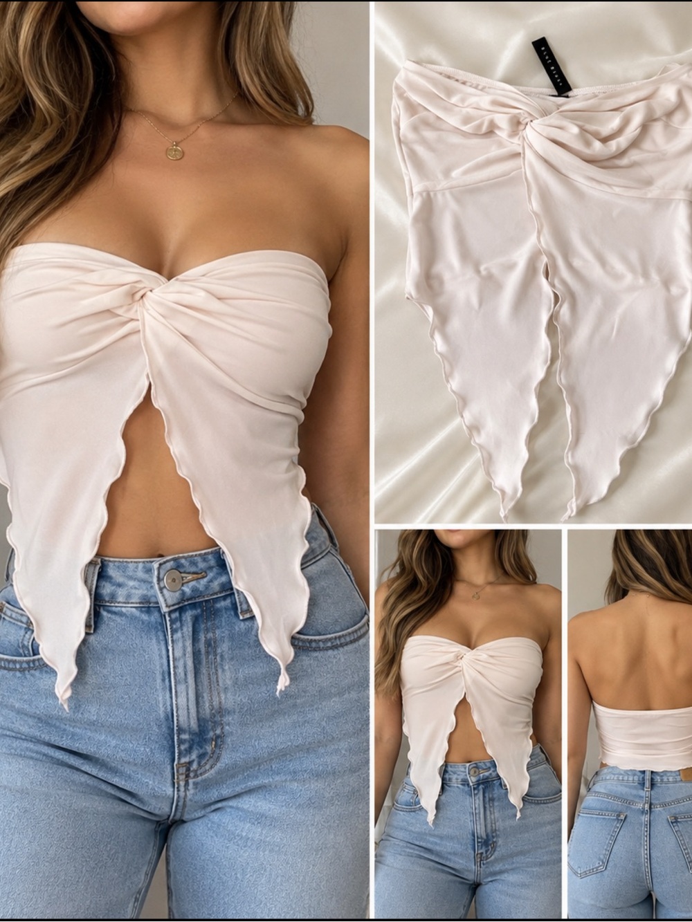 Strapless Twist Front Cream Scallop Hem Top